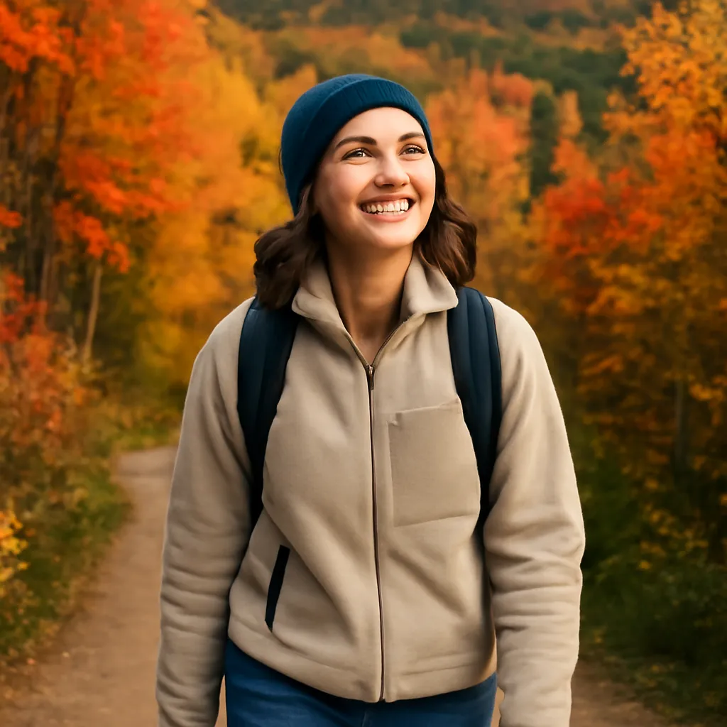 Femme québécoise souriante en randonnée automnale dans un sentier au Québec, loin de son téléphone et des applications de rencontre