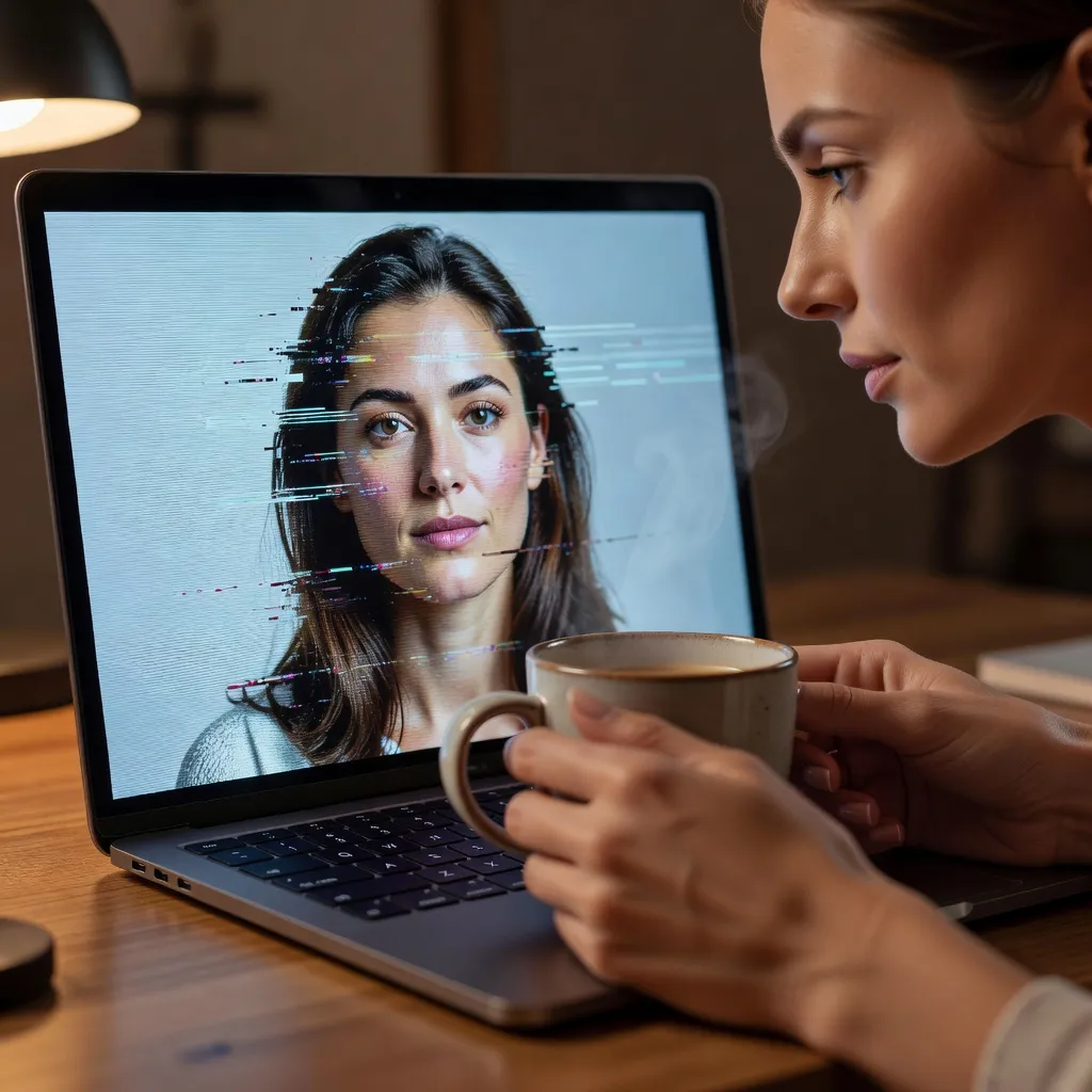 Gros plan sur un écran d'ordinateur affichant un appel vidéo avec un léger artefact visuel autour du visage, mains d'une femme québécoise tenant une tasse de café à côté du clavier