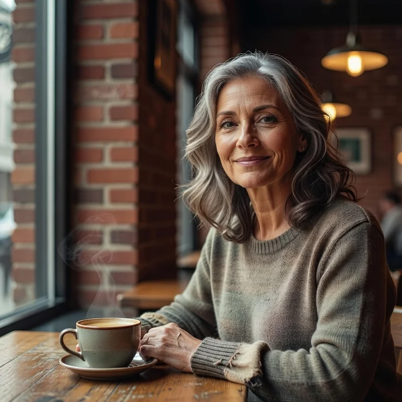 Femme d'environ 60 ans souriante assise à une table de café montréalais, une tasse de café fumante devant elle