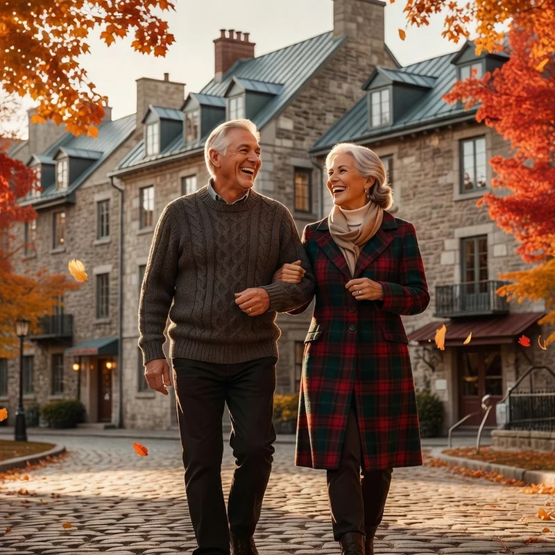 Couple d'adultes d'environ 60 ans riant ensemble en se promenant sur une rue pavée du Vieux-Québec en automne