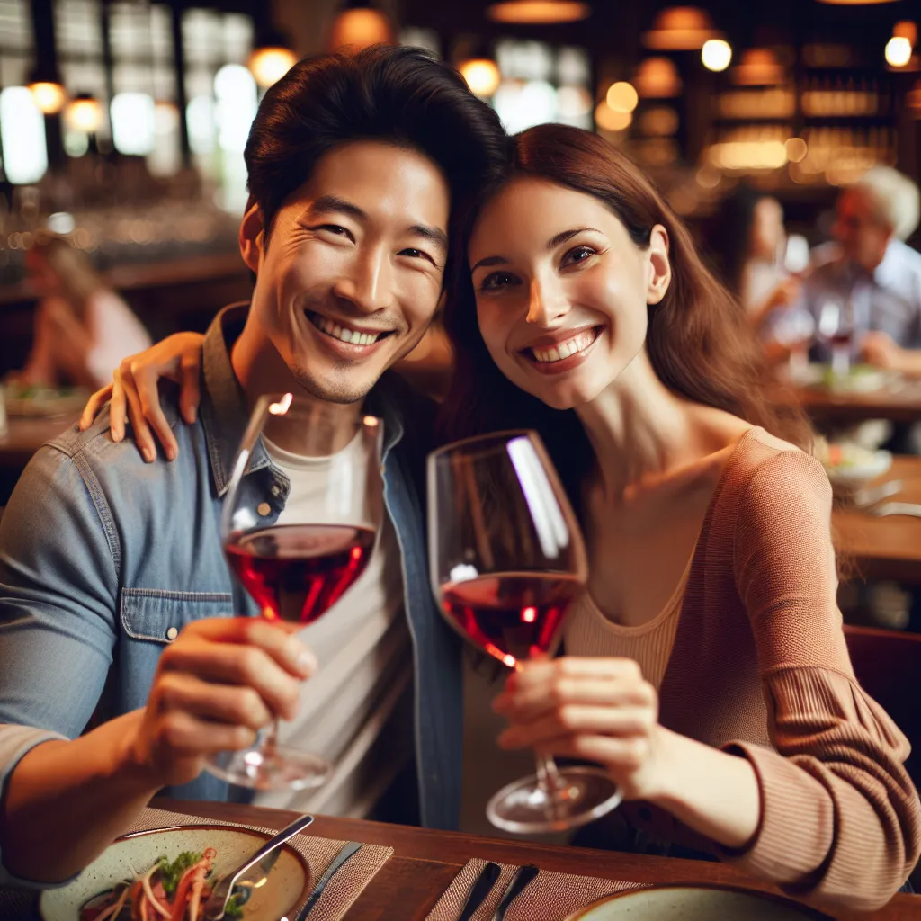 Couple heureux trinquant au restaurant pour célébrer leur rencontre en ligne