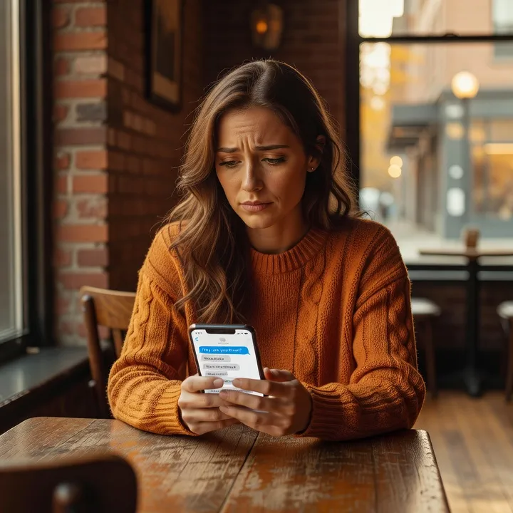 Femme assise seule dans un café à Montréal, réfléchissant après une rupture par ghosting sur une application de rencontre