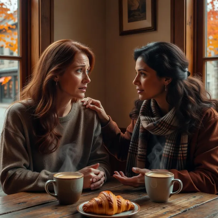 Deux amies discutant autour d'un café à Québec, se soutenant après une expérience de rencontre en ligne difficile