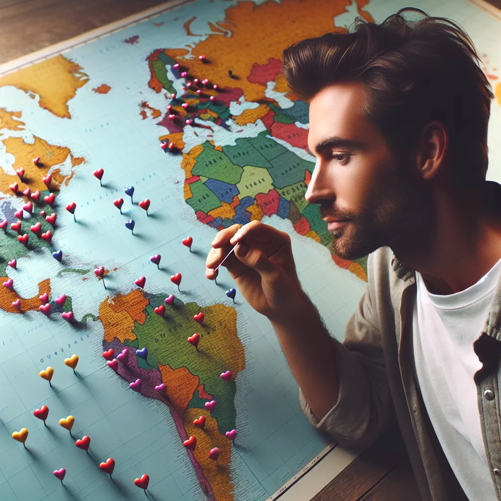 Homme québécois consultant une carte du monde avec des repères en forme de cœur