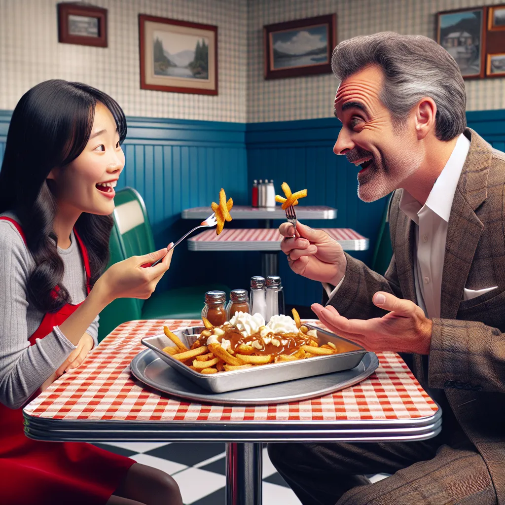 Couple discutant avec animation autour d'une poutine dans un restaurant québécois