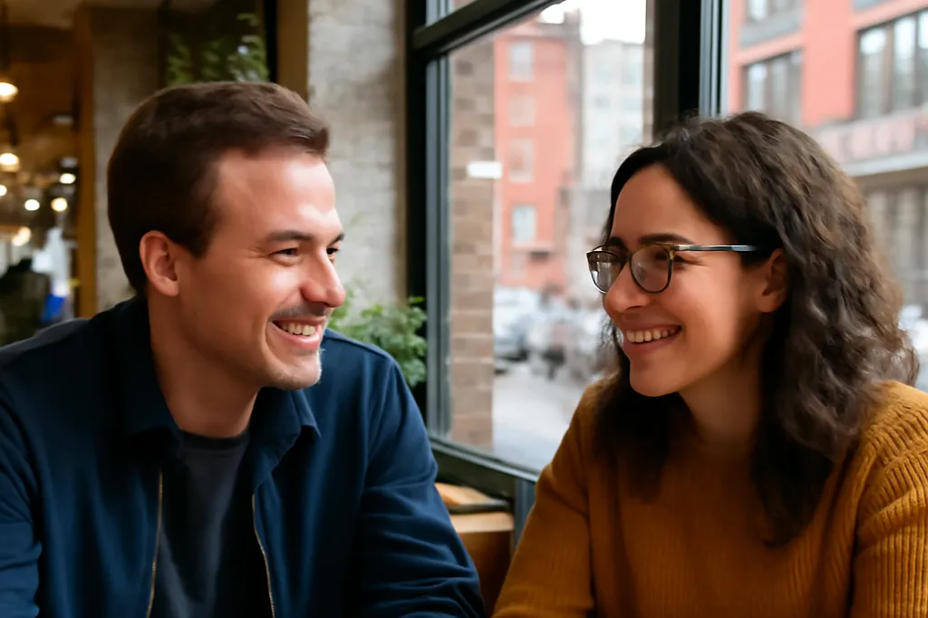 Deux adultes quebecois discutant autour d'un cafe lors d'un rendez-vous serieux