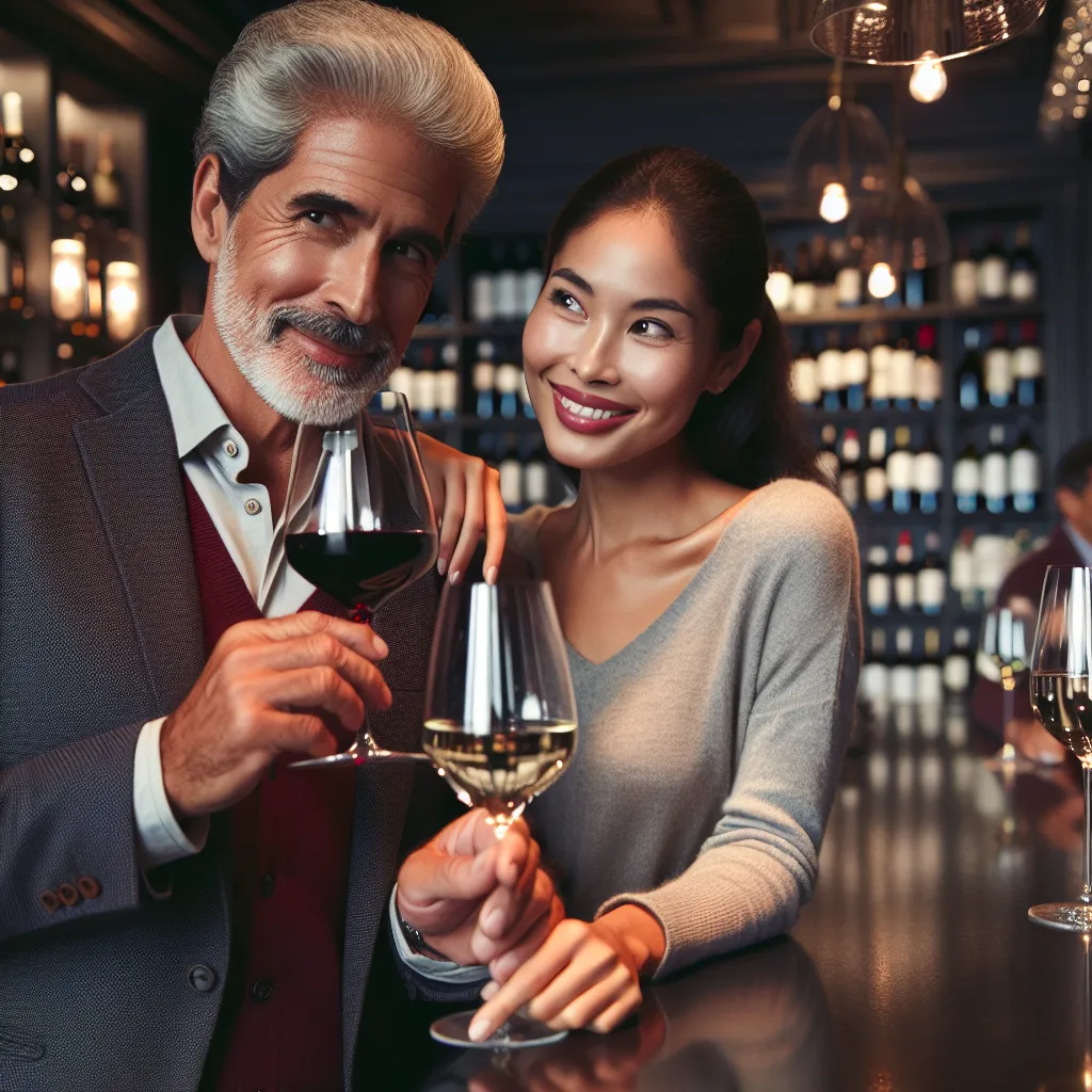 Couple élégant avec différence d'âge dans un bar à vin sophistiqué