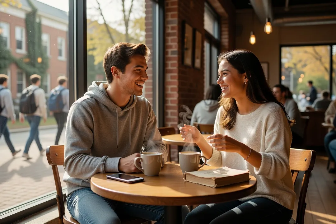 Jeunes adultes assis dans un café près d'un campus universitaire à Sherbrooke, discutant autour d'un téléphone
