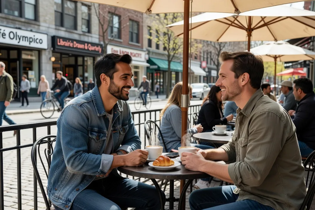 Deux hommes discutant autour d'un café dans un quartier animé de Montréal après une rencontre en ligne