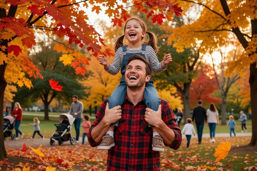 Père portant sa fille riante sur ses épaules dans un parc québécois en automne, entouré d'érables aux couleurs vives