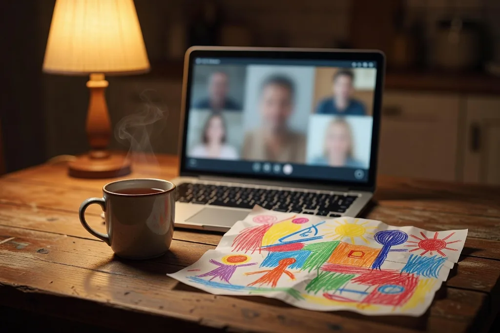 Ordinateur portable ouvert sur une table de cuisine un soir, écran flou d'un appel vidéo, tasse de thé et dessin d'enfant posés à côté