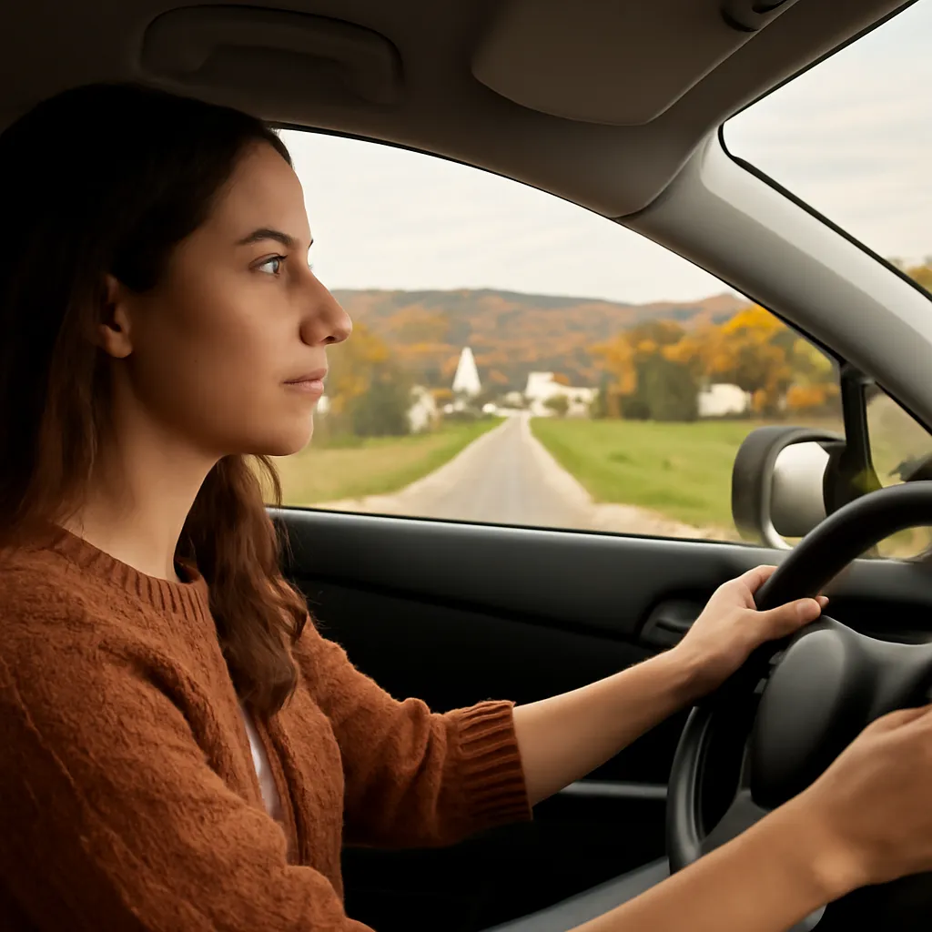 Femme souriante conduisant une voiture sur une route de campagne au Québec en automne, en chemin pour une rencontre en région