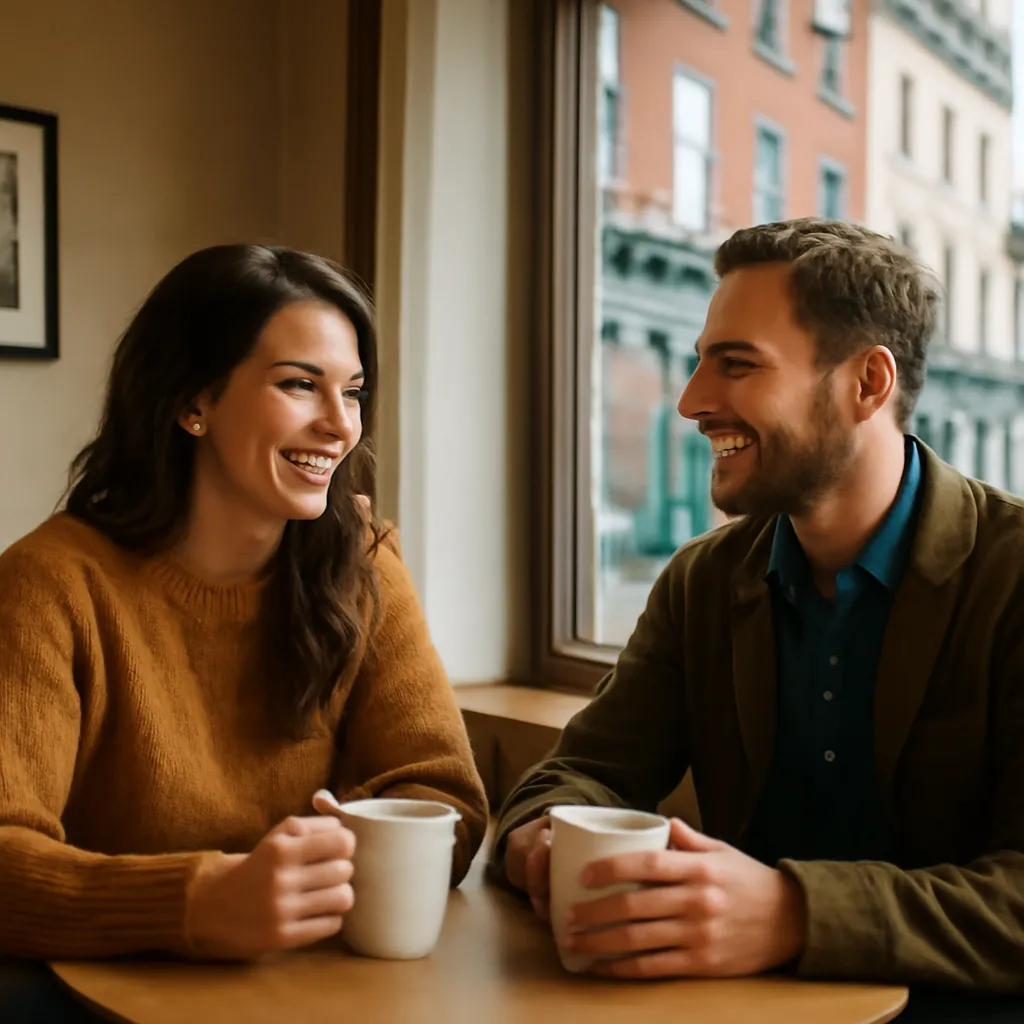 Couple souriant partageant un café lors d'un premier rendez-vous dans un petit café d'une ville régionale du Québec