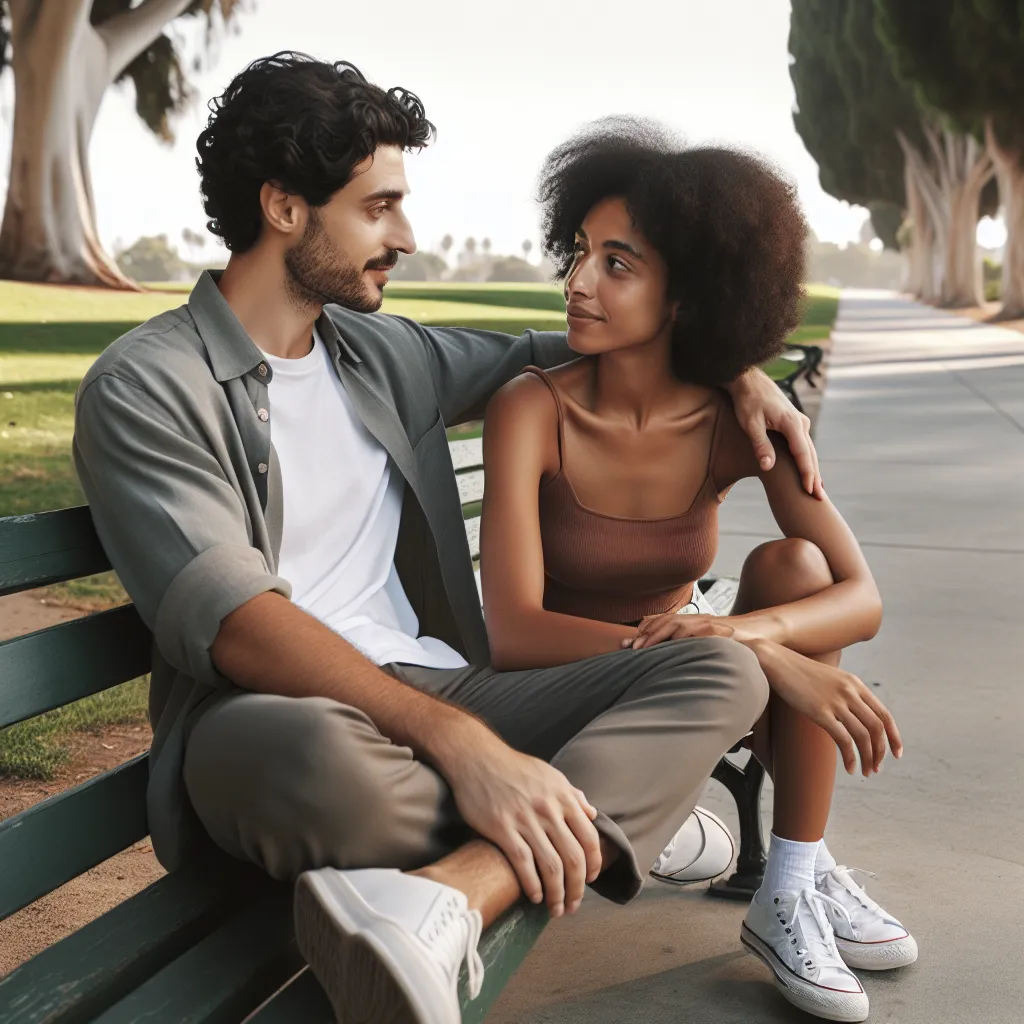 Couple en conversation profonde sur un banc de parc, connexion authentique