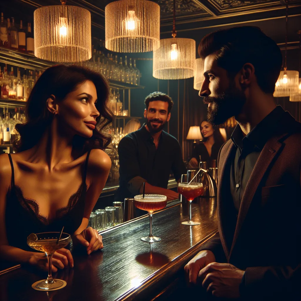 Couple échangeant des regards complices dans un bar à cocktails tamisé