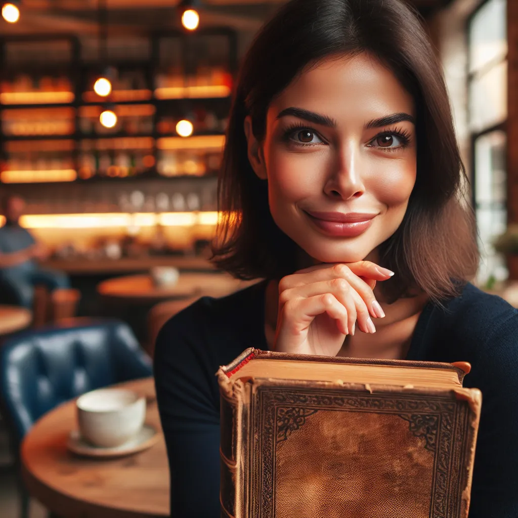 Femme mysterieuse avec un sourire enigmatique dans un cafe
