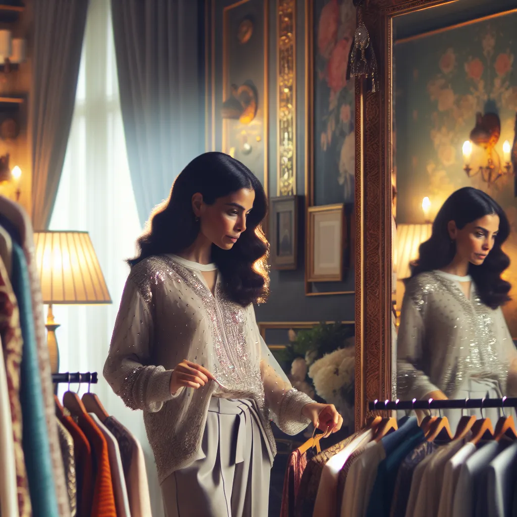 Femme confiante se préparant pour un rendez-vous devant un miroir