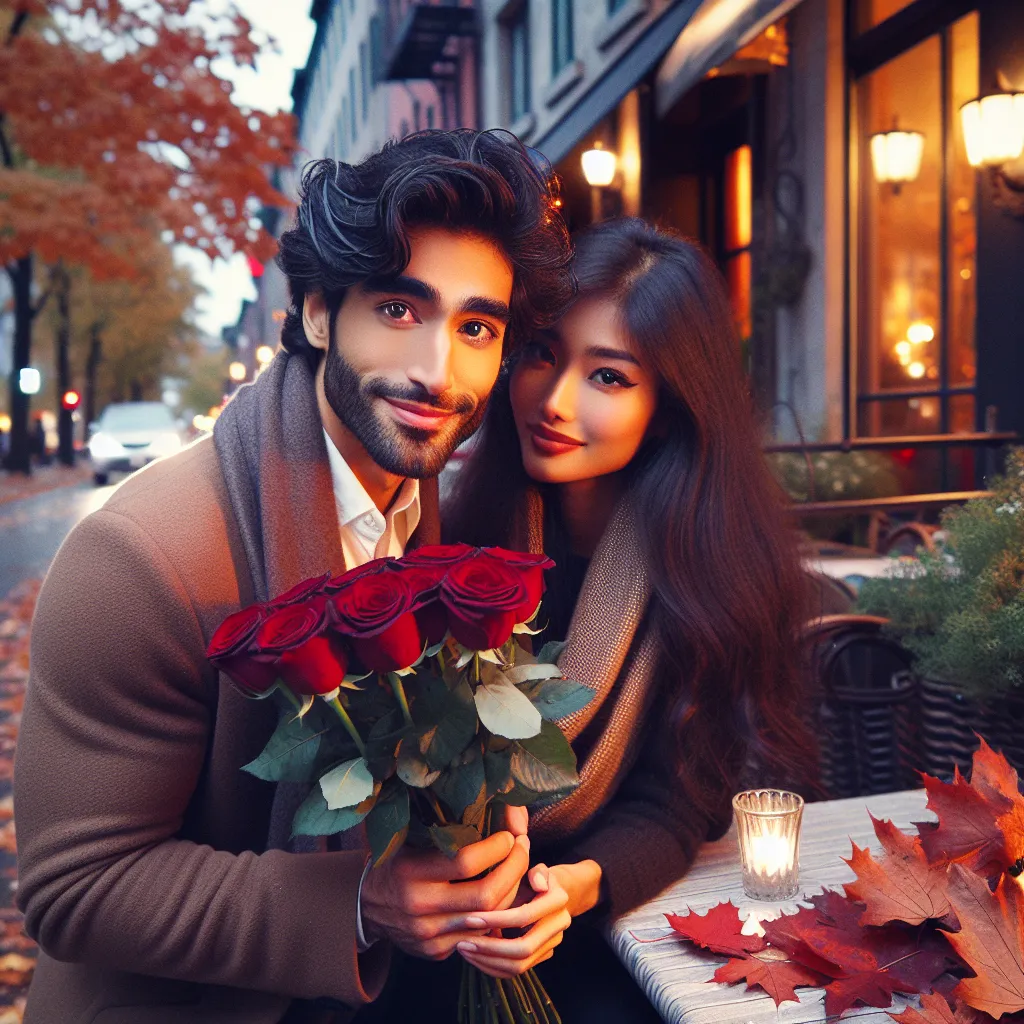 Homme offrant des fleurs a une femme sur une terrasse de cafe a Montreal