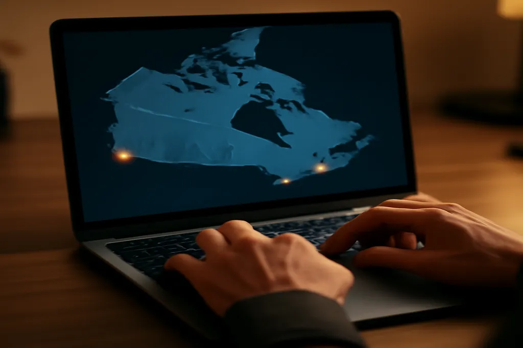 Homme consultant une carte du Canada affichée sur un écran d'ordinateur portable, avec des points lumineux marquant Toronto, Ottawa et Vancouver