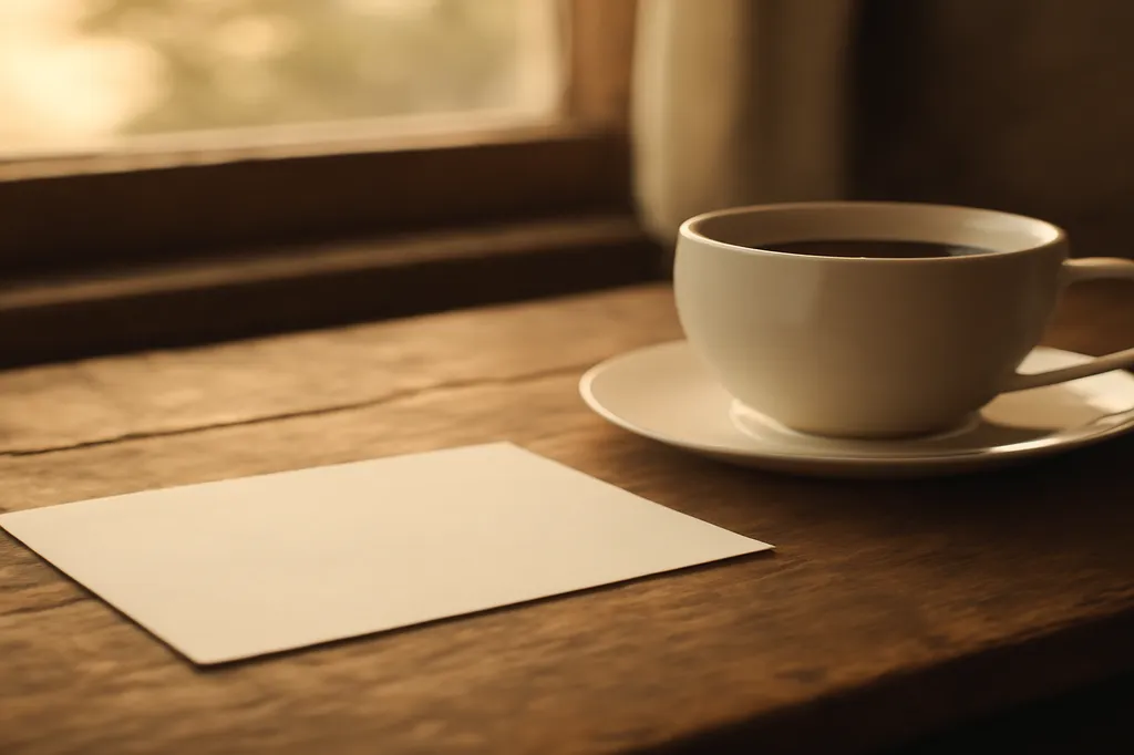 Carte postale et tasse de café sur une table en bois, symbolisant la distance entre deux villes canadiennes pour une relation à distance