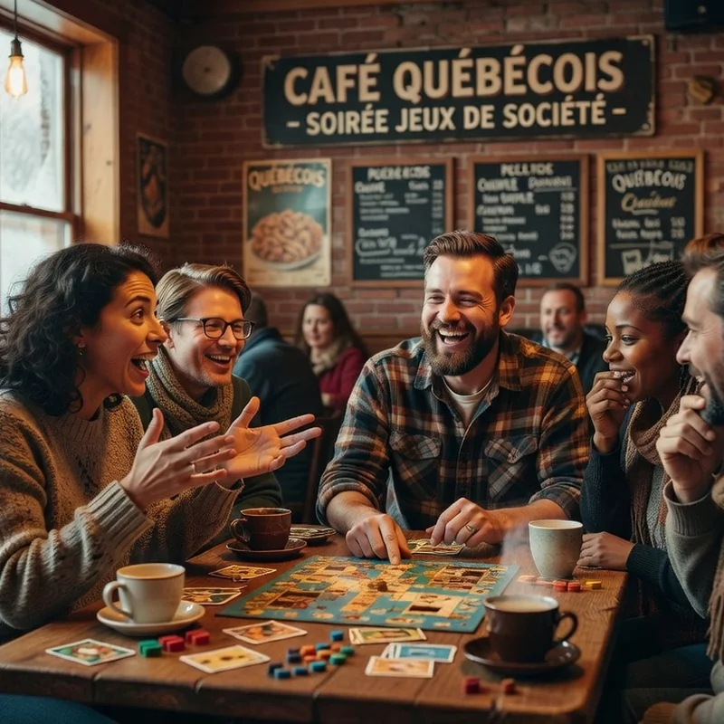 Adultes québécois riant autour d'une table de jeux de société dans un café, tasses de café et plateau de jeu devant eux