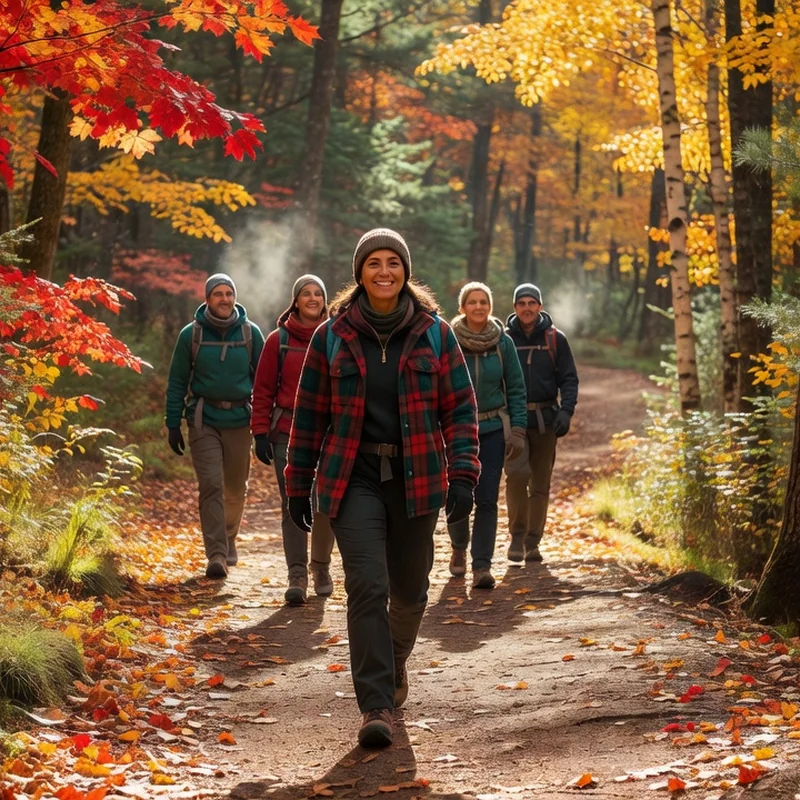 Femme souriante en tête d'un petit groupe d'adultes marchant sur un sentier de randonnée en forêt québécoise en automne