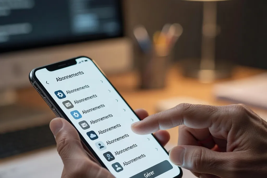 Main tenant un smartphone affichant les param&egrave;tres d'abonnements de l'App Store ou Google Play