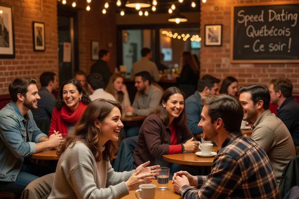 Groupe de célibataires québécois échangeant lors d'une soirée de speed dating en été