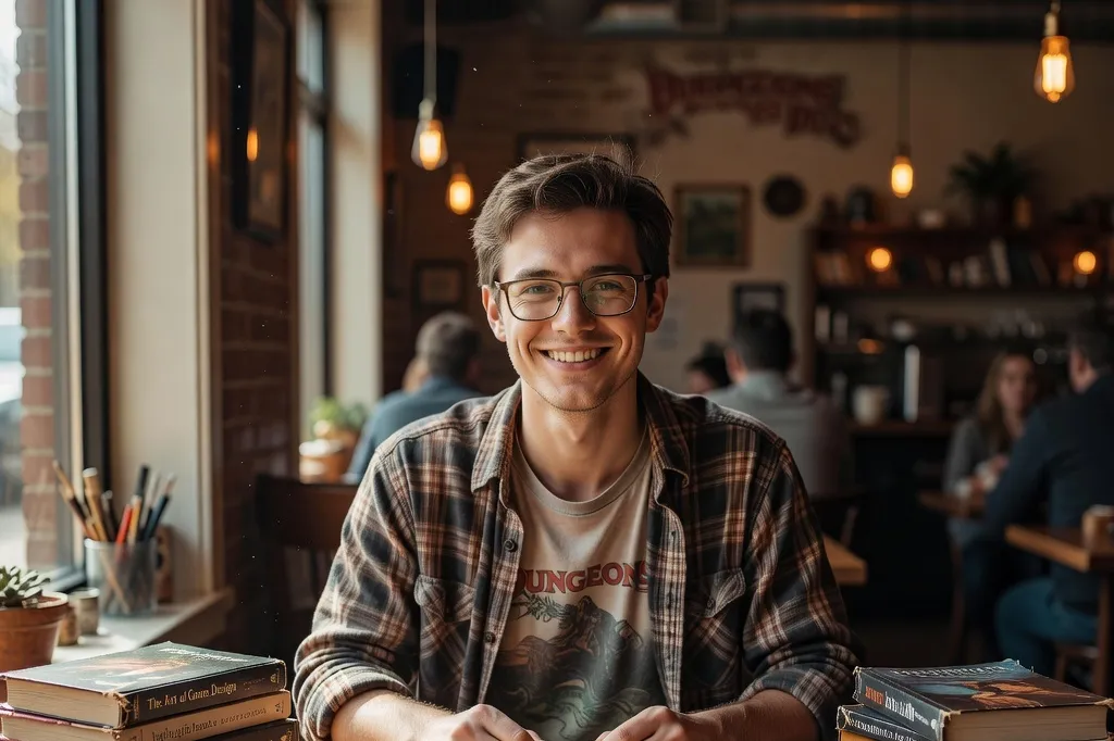 Jeune homme au style geek souriant, assis avec un livre dans un café, incarnant la tendance authenticité
