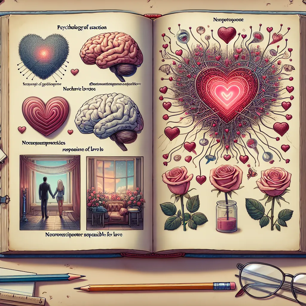 Livre ouvert sur la psychologie de l'attraction avec des elements romantiques, concept academique