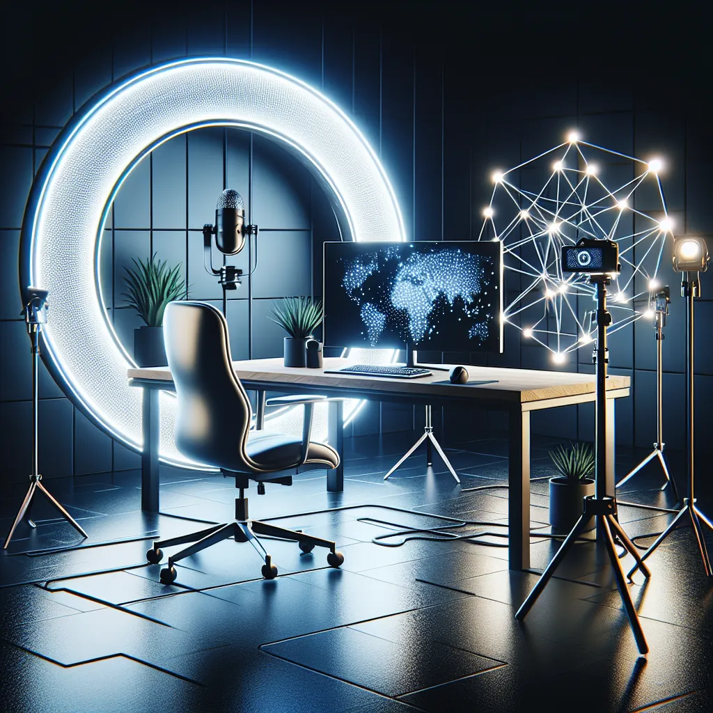 Installation professionnelle de webcam avec ring light sur un bureau moderne