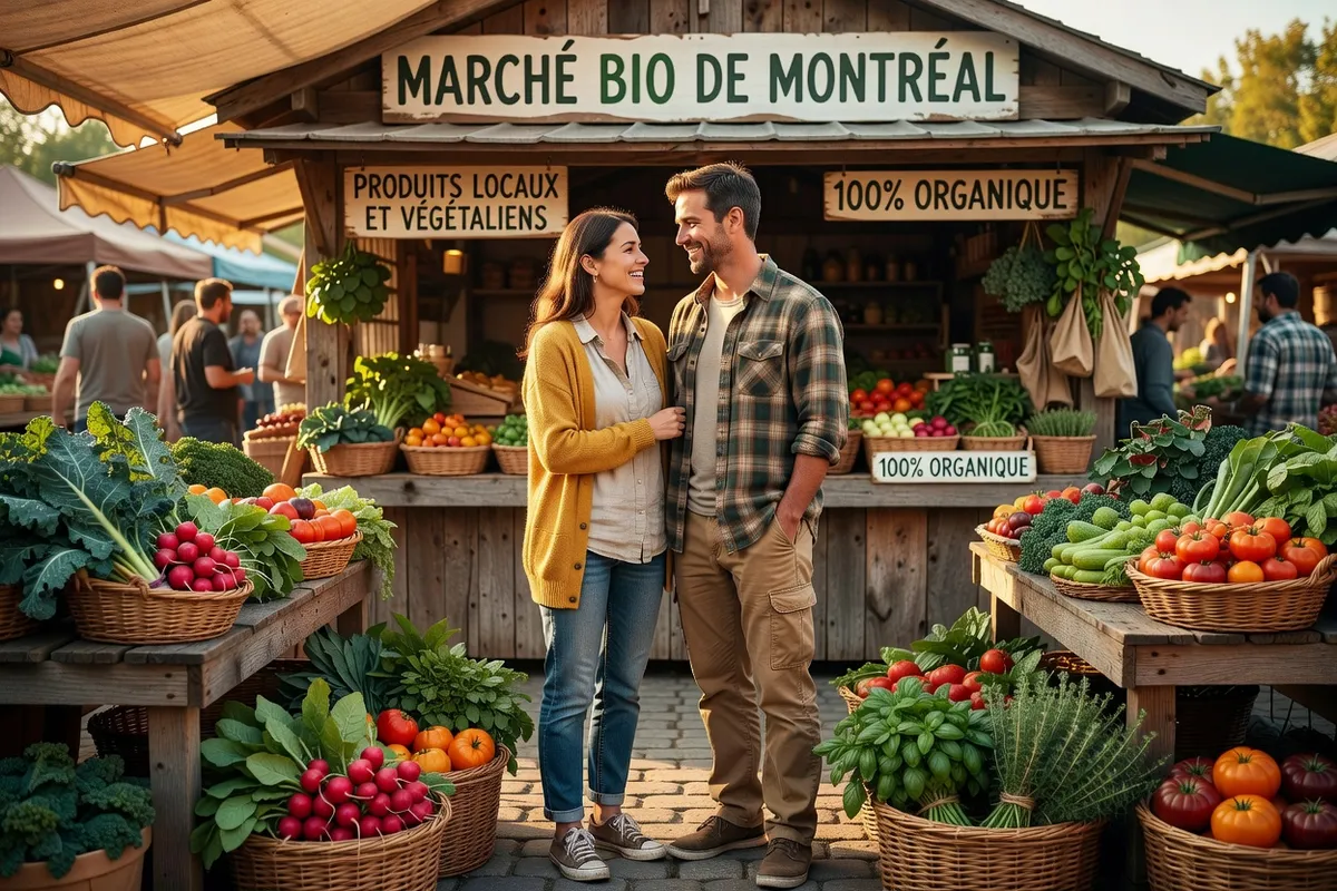 Couple vegan et écolo au Québec lors d'une rencontre au marché bio